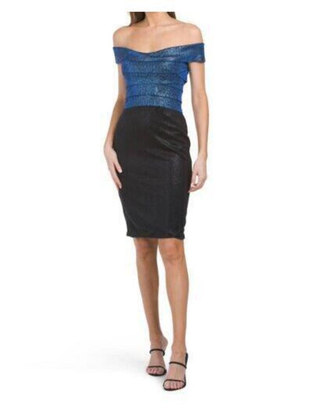 NWT UNIQUE RENE BY RENE RUIZ blue black Metallic Layered Cocktail Dress 14